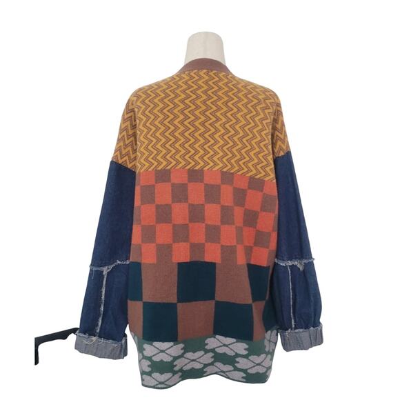Ces Femme Knit Patchwork Denim Sleeve Oversized Cardigan Sz S Artsy Retro Boho - Picture 2 of 8